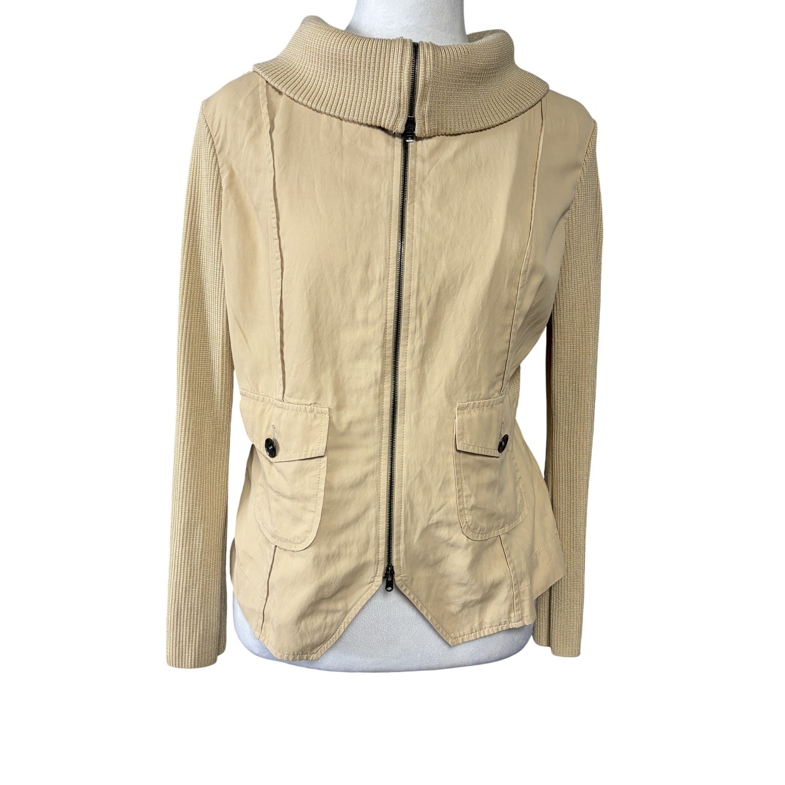 St. John Jacket Womens 8 Beige Cupro Ribbed Knit Collar Short Zip Front Pockets